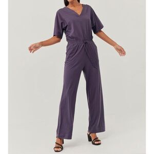 Pact Organic Cotton Revive Deep V Wide Leg Jumpsuit Currant‎ Purple Small